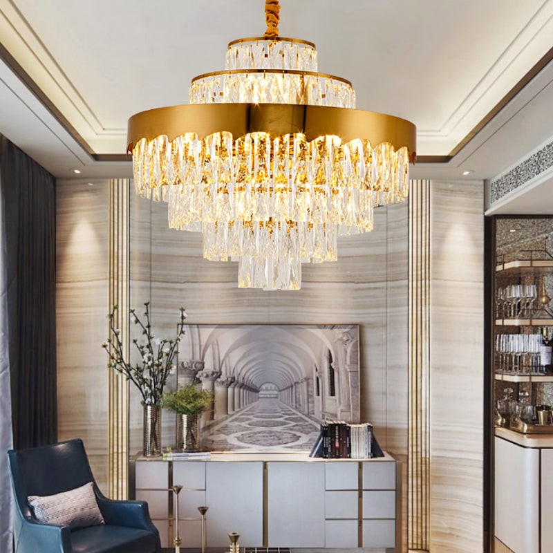 17"/23" W Layered Chandelier Light Fixture Dining Room Vintage Style Crystal and Metal Hanging Lamp in Gold Clearhalo 'Ceiling Lights' 'Chandeliers' 'Modern Chandeliers' 'Modern' Lighting' 151192