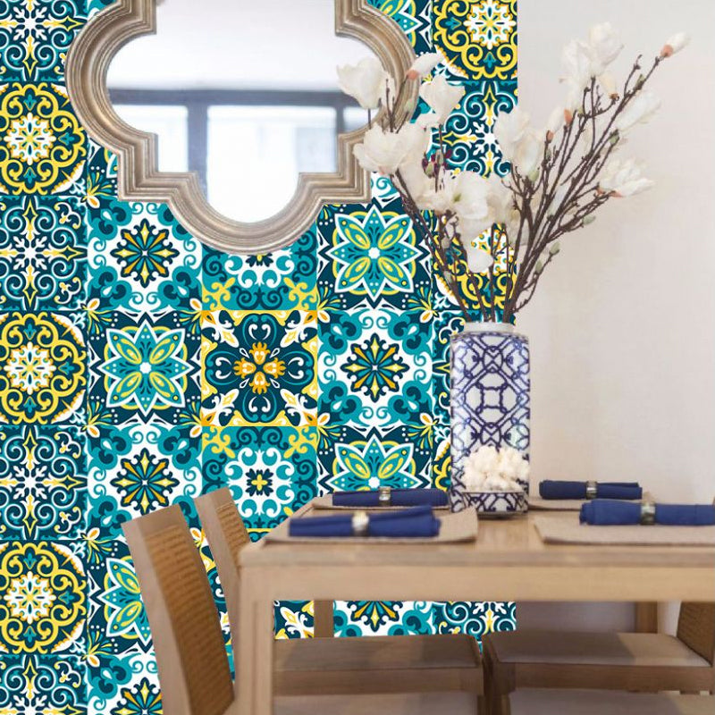 Floral Tiles Wallpaper Panels Bohemian PVC Temporary Wall Covering in Blue-Yellow-Green Clearhalo 'Wall Decor' 'Wallpaper' 1511978