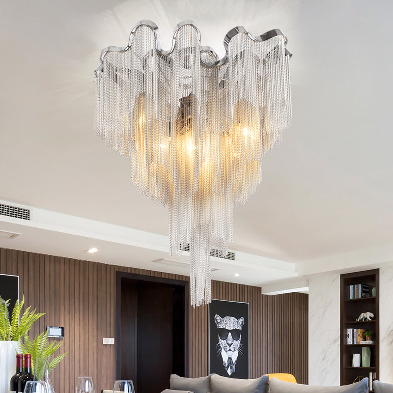 Draped Metal Chain Flush Ceiling Light Fixture Modern 6 Lights Silver Living Room Ceiling Flush Mount Chrome Clearhalo 'Ceiling Lights' 'Close To Ceiling Lights' 'Close to ceiling' 'Flush mount' Lighting' 151264