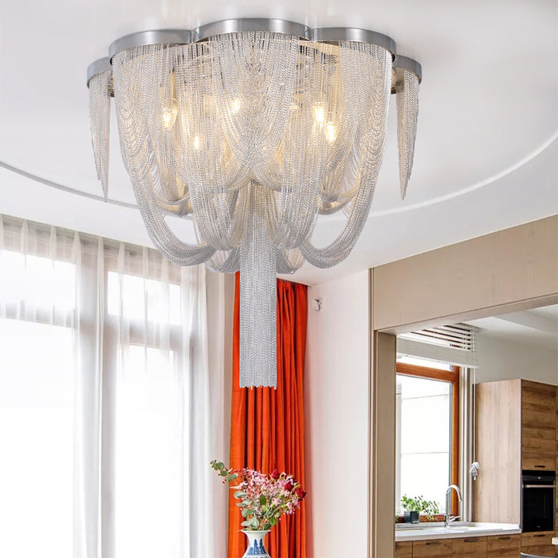 Contemporary Metal Chain Flush Mount Ceiling Light 4 Lights Silver Living Room Ceiling Light Fixture Silver Clearhalo 'Ceiling Lights' 'Close To Ceiling Lights' 'Close to ceiling' 'Flush mount' Lighting' 151300