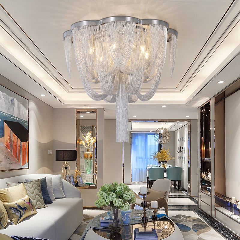 Contemporary Metal Chain Flush Mount Ceiling Light 4 Lights Silver Living Room Ceiling Light Fixture Clearhalo 'Ceiling Lights' 'Close To Ceiling Lights' 'Close to ceiling' 'Flush mount' Lighting' 151301