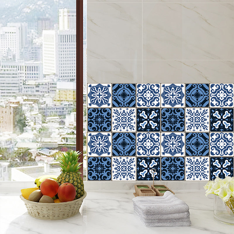 Baroque Tiles Wallpaper Panel Set 18 Pcs Blue PVC Wall Covering, Easy Peel off, 8' x 8" Clearhalo 'Wall Decor' 'Wallpaper' 1513183