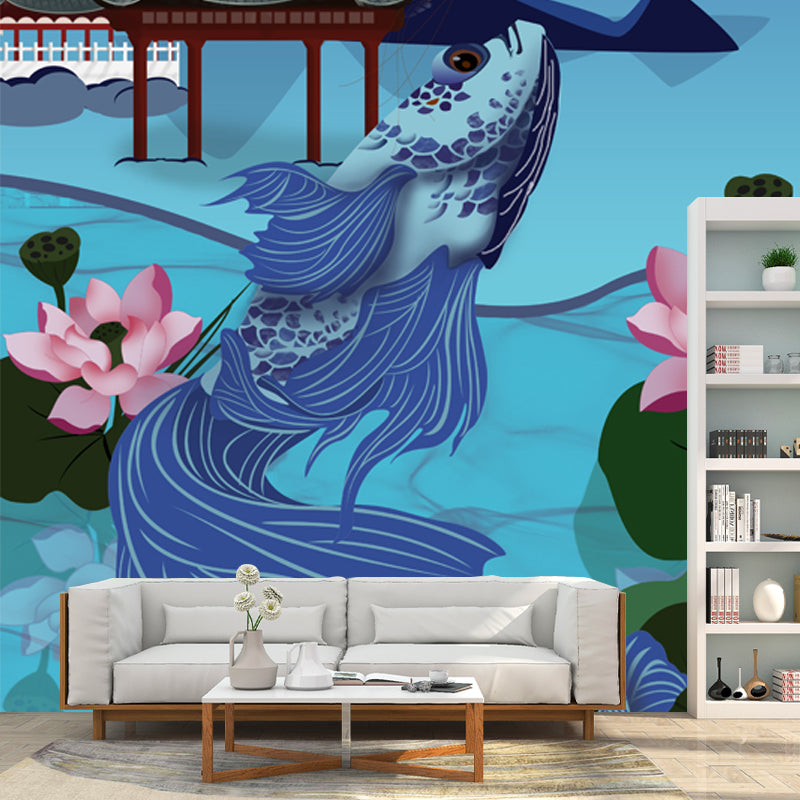 Chinoiserie Moon Night Pavilion Mural Blue Carp and Lotus Pond Wall Covering for Bedroom Blue Clearhalo 'Wall Decor' 'Wall Mural' 1513509