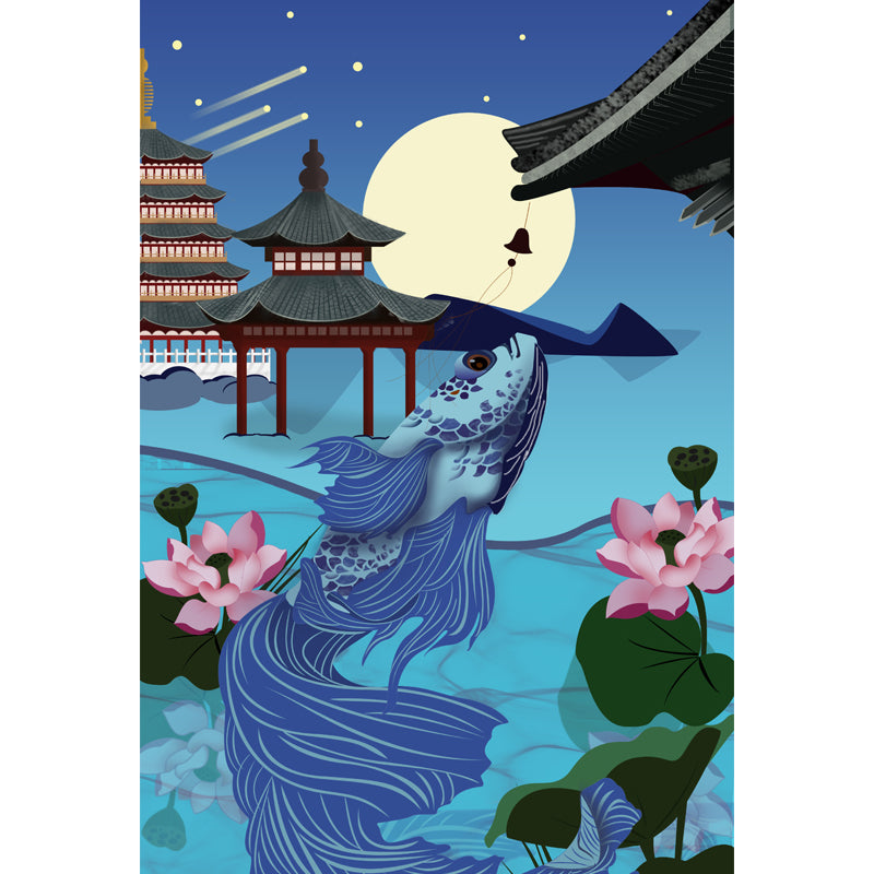 Chinoiserie Moon Night Pavilion Mural Blue Carp and Lotus Pond Wall Covering for Bedroom Clearhalo 'Wall Decor' 'Wall Mural' 1513512