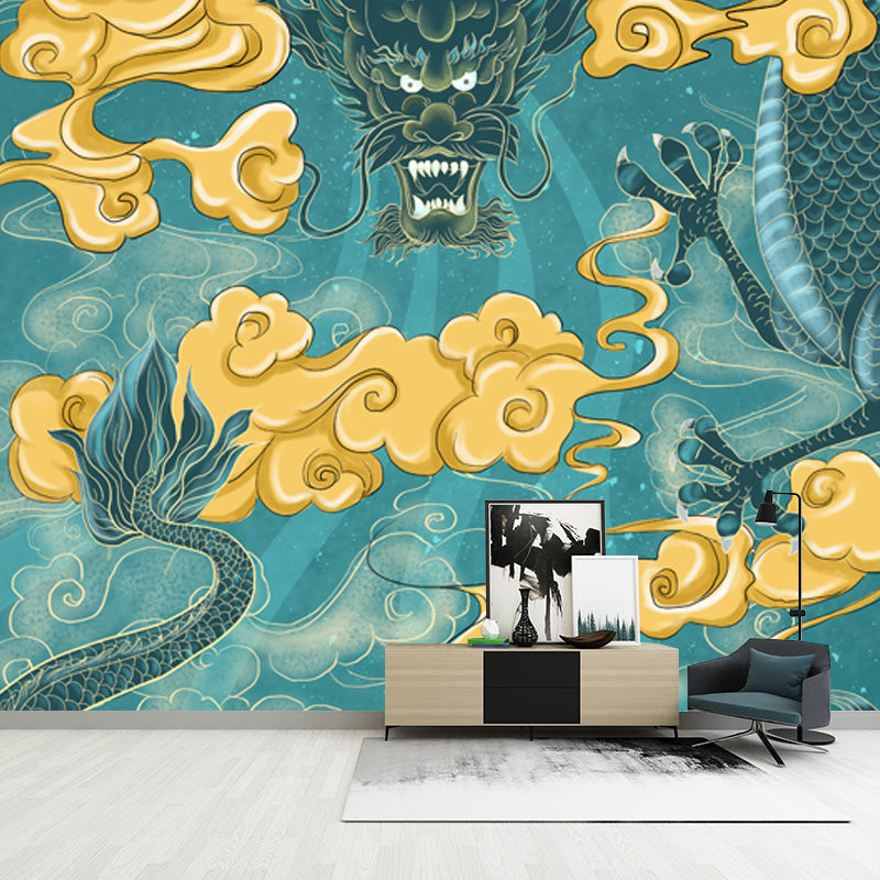 Aqua Dragon with Cloud Mural Decal Moisture Resistant Chinese Style Bedroom Wall Decor Aqua Clearhalo 'Wall Decor' 'Wall Mural' 1513517