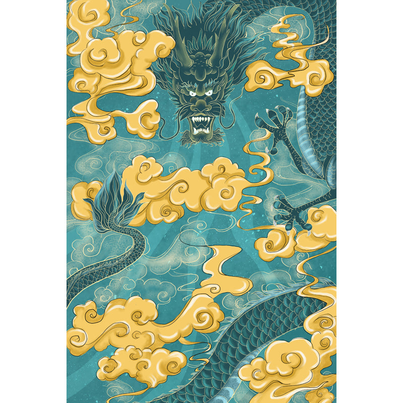 Aqua Dragon with Cloud Mural Decal Moisture Resistant Chinese Style Bedroom Wall Decor Clearhalo 'Wall Decor' 'Wall Mural' 1513520