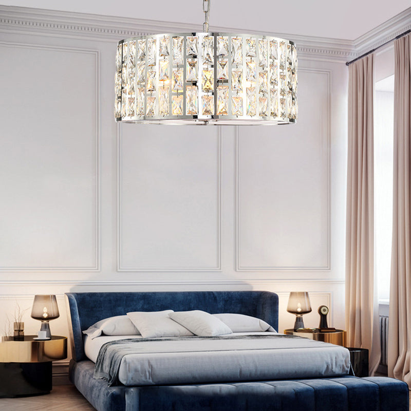 Clear Crystal Drum Chandelier Light Contemporary Pendant Lamp with Metal Chain in Chrome for Bedroom Chrome Clearhalo 'Ceiling Lights' 'Chandeliers' 'Modern Chandeliers' 'Modern' Lighting' 151356