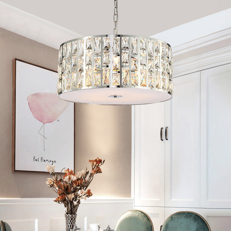 Clear Crystal Drum Chandelier Light Contemporary Pendant Lamp with Metal Chain in Chrome for Bedroom Clearhalo 'Ceiling Lights' 'Chandeliers' 'Modern Chandeliers' 'Modern' Lighting' 151357