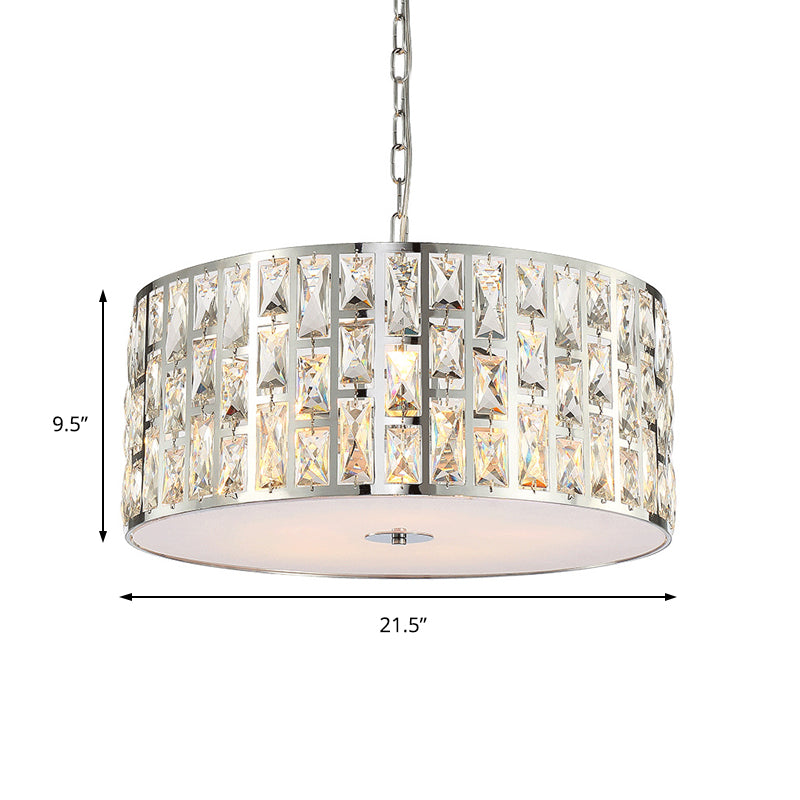 Clear Crystal Drum Chandelier Light Contemporary Pendant Lamp with Metal Chain in Chrome for Bedroom Clearhalo 'Ceiling Lights' 'Chandeliers' 'Modern Chandeliers' 'Modern' Lighting' 151359