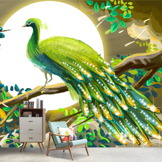 Whole Chinoiserie Wall Mural Decal Green Peacock and Super Moon Wall Covering, Custom Made Clearhalo 'Wall Decor' 'Wall Mural' 1513617