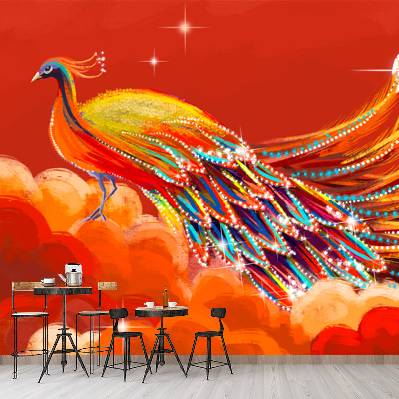 Beautiful Peacock on Cloud Mural for Bedroom Animal Wall Decor, Custom Size Available Red Clearhalo 'Wall Decor' 'Wall Mural' 1513631