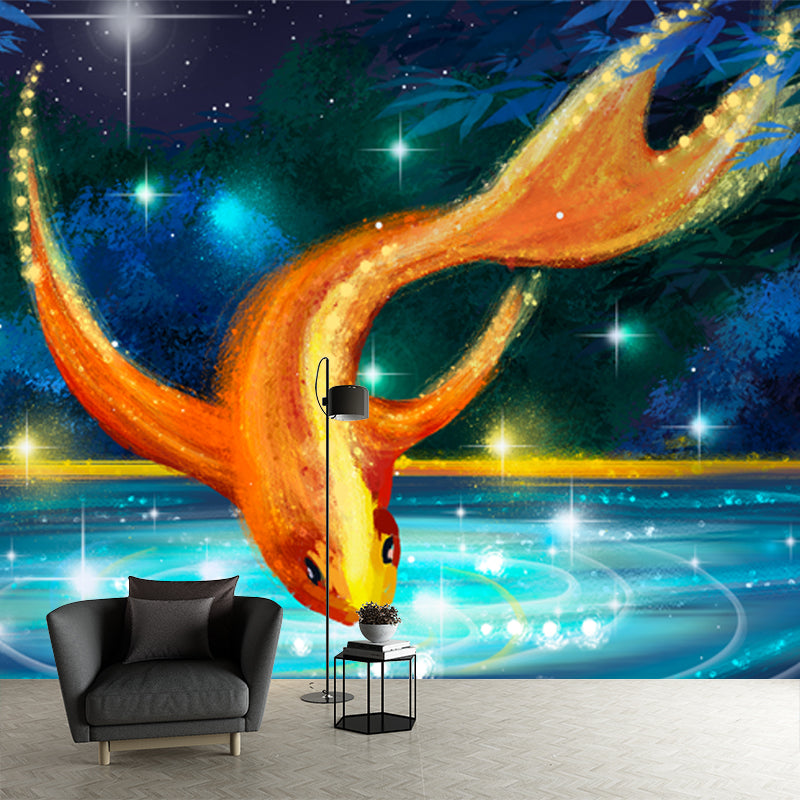 Aqua Night Scenery Wallpaper Mural Goldfish with Sparkling Lake Asian Waterproof Wall Decor Aqua Clearhalo 'Wall Decor' 'Wall Mural' 1513646