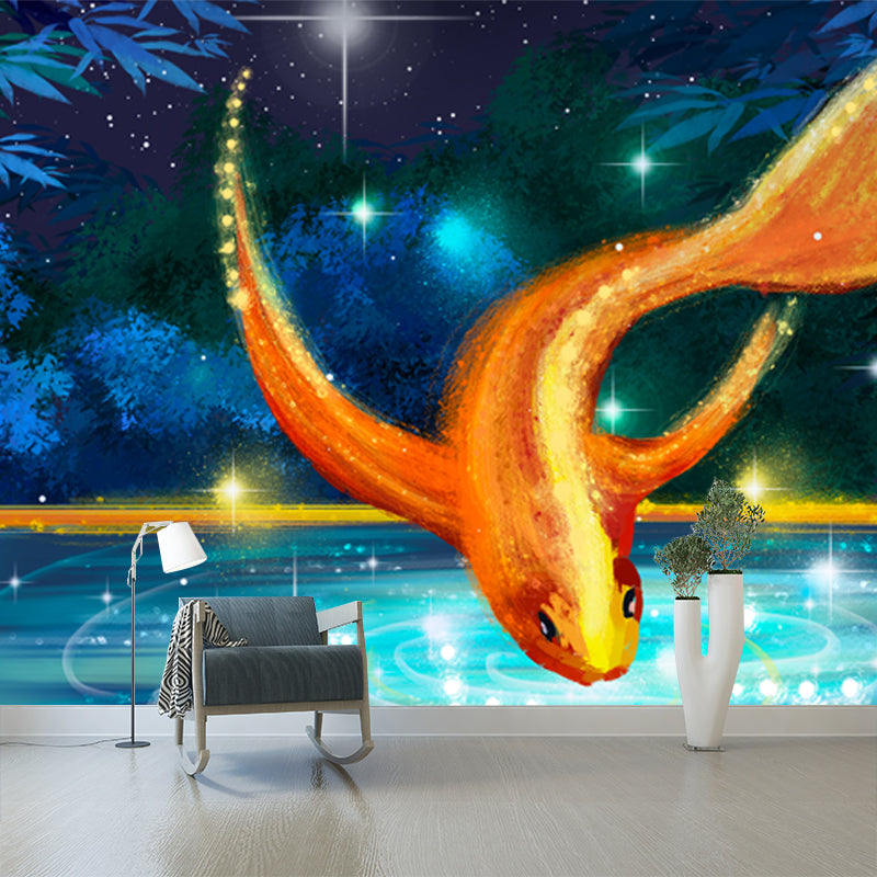 Aqua Night Scenery Wallpaper Mural Goldfish with Sparkling Lake Asian Waterproof Wall Decor Clearhalo 'Wall Decor' 'Wall Mural' 1513647