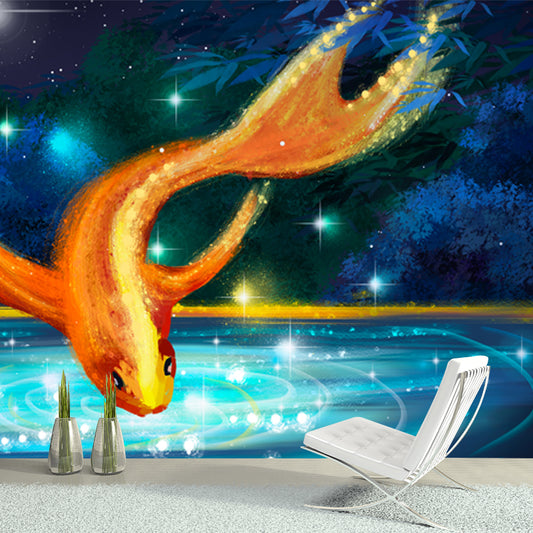 Aqua Night Scenery Wallpaper Mural Goldfish with Sparkling Lake Asian Waterproof Wall Decor Clearhalo 'Wall Decor' 'Wall Mural' 1513648