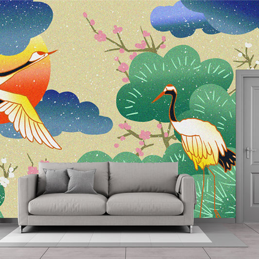 Illustration Red-Crown Cranes Mural for Tearoom, Green, Customized Size Available Clearhalo 'Wall Decor' 'Wall Mural' 1513668