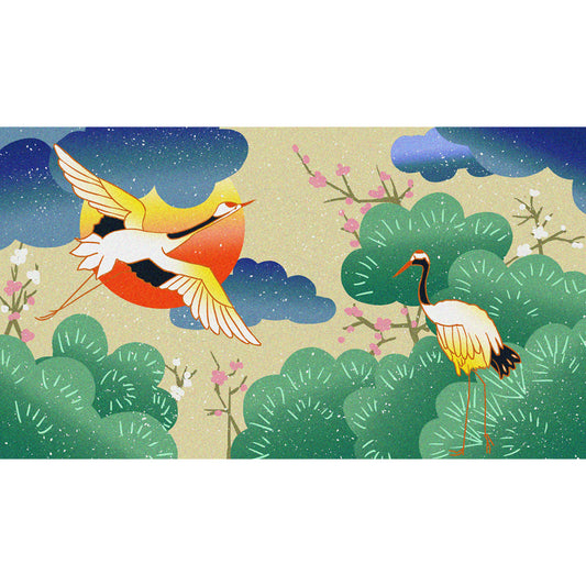 Illustration Red-Crown Cranes Mural for Tearoom, Green, Customized Size Available Clearhalo 'Wall Decor' 'Wall Mural' 1513669