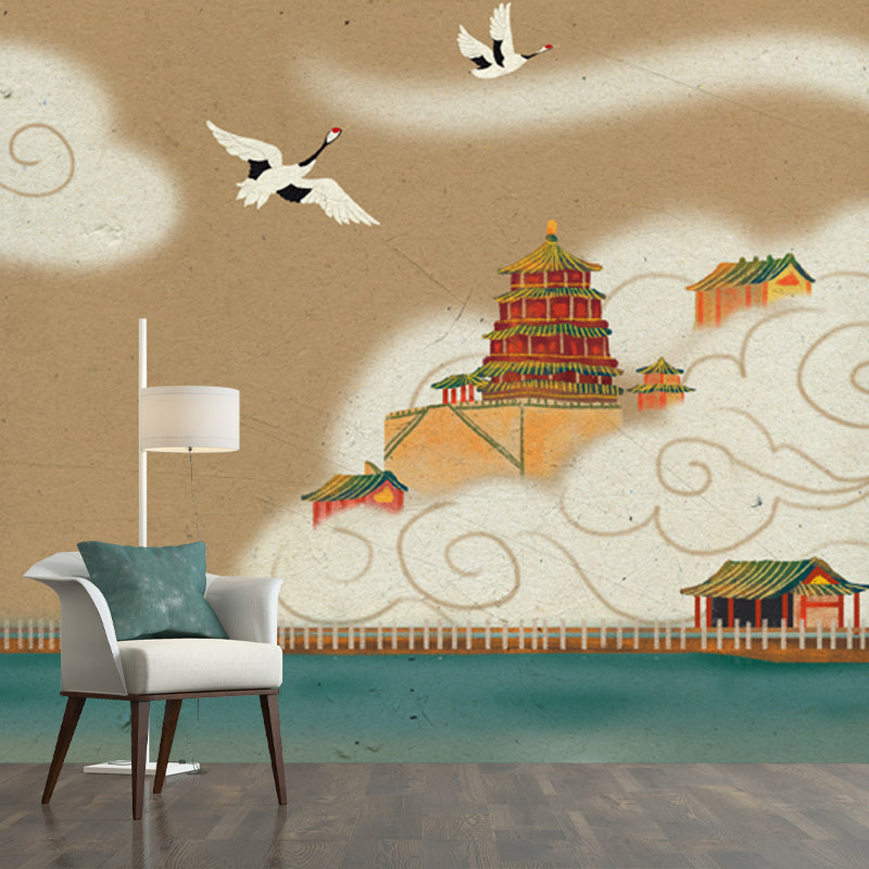 Myths Heaven Palace Mural Wallpaper Indoor Chinese Element Wall Covering, Custom Size Coffee Clearhalo 'Wall Decor' 'Wall Mural' 1513731