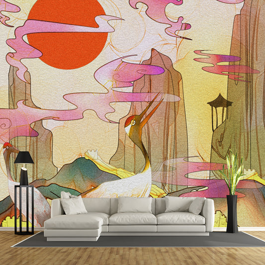 Crane and Mountain Scenery Mural Chinoiserie Non-Woven Material Wall Decor in Yellow Clearhalo 'Wall Decor' 'Wall Mural' 1513738