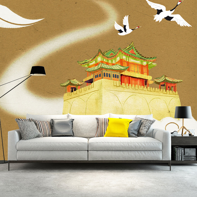 Oriental Floating Palace Wallpaper Mural for Home Customized Wall Covering in Tan Tan Clearhalo 'Wall Decor' 'Wall Mural' 1513746