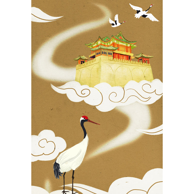 Oriental Floating Palace Wallpaper Mural for Home Customized Wall Covering in Tan Clearhalo 'Wall Decor' 'Wall Mural' 1513749