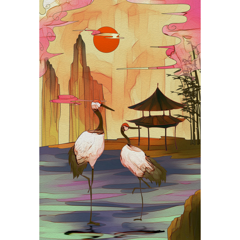 Chinese Halcyon Lake Scene Mural Yellow-Brown Moisture Resistant Wall Art for Tearoom Clearhalo 'Wall Decor' 'Wall Mural' 1513791