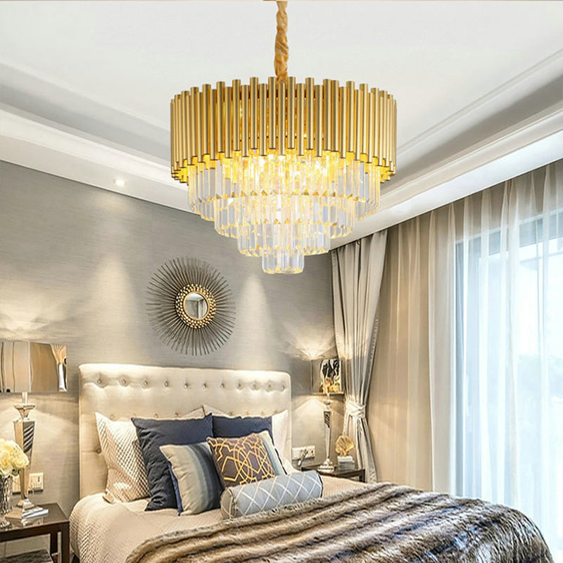 3-Tier Circle Hanging Lamp Contemporary Metal Pendant Chandelier Light with K9 Block in Brass Finish Brass 21.5" Clearhalo 'Ceiling Lights' 'Chandeliers' 'Modern Chandeliers' 'Modern' Lighting' 151382