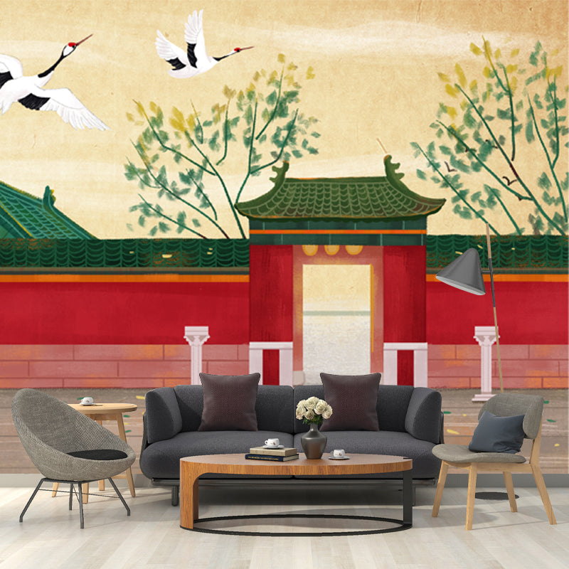 Chinese Ancient Architecture Mural Decal for Home Custom Wall Covering in Red-Beige Clearhalo 'Wall Decor' 'Wall Mural' 1513833