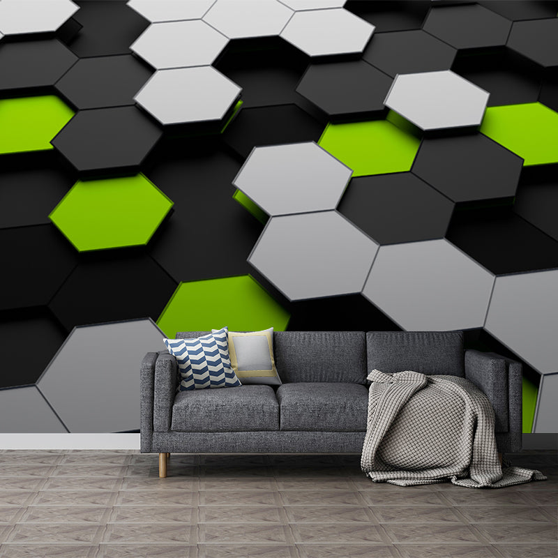 Novelty 3D Illusion Honeycomb Mural Dark Color Living Room Wall Art, Custom Size Green Clearhalo 'Wall Decor' 'Wall Mural' 1513854