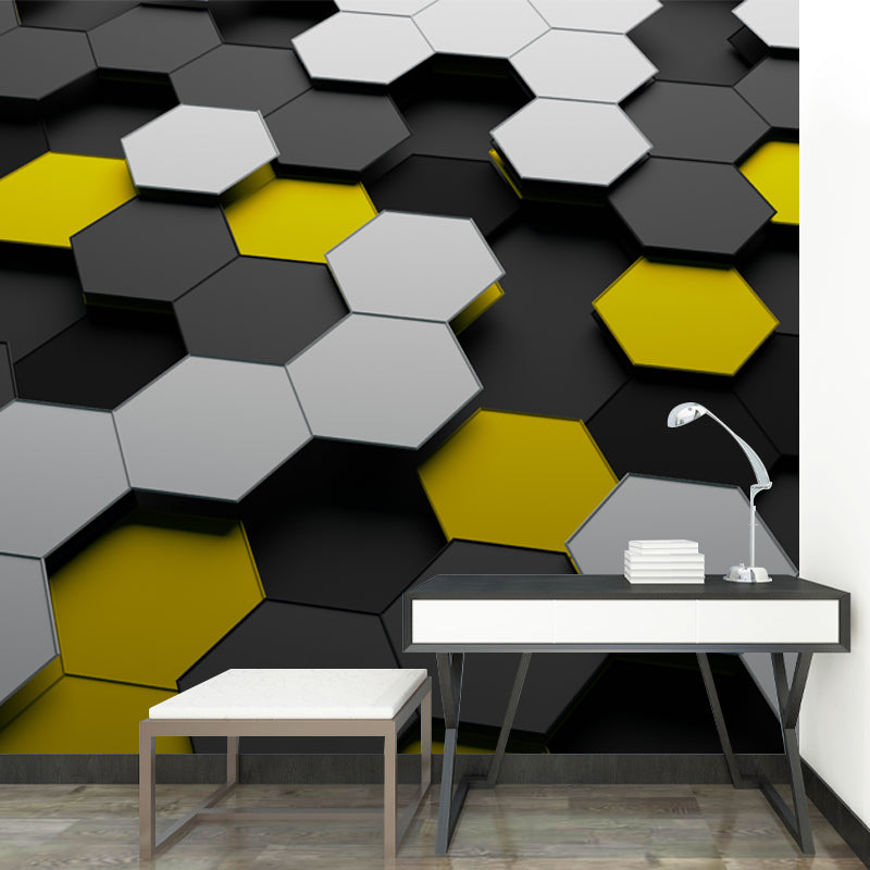 Novelty 3D Illusion Honeycomb Mural Dark Color Living Room Wall Art, Custom Size Yellow Clearhalo 'Wall Decor' 'Wall Mural' 1513864