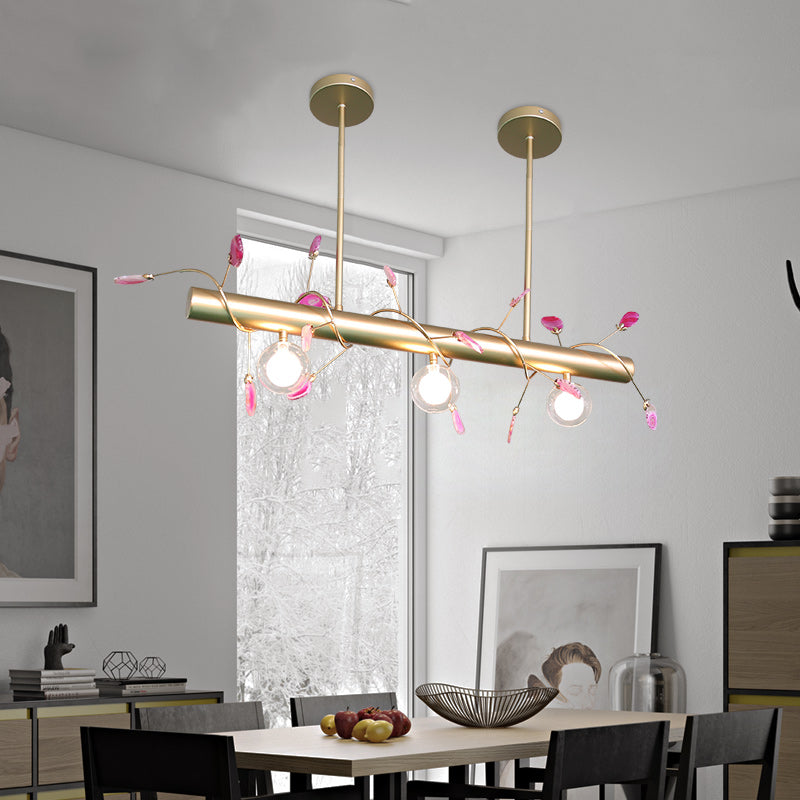 Iron Branch Island Pendant Contemporary 3-Light Ceiling Light Fixture in Pink/Yellow/Orange with Clear Glass Ball Shade Gold A Clearhalo 'Ceiling Lights' 'Close To Ceiling Lights' 'Glass shade' 'Glass' 'Island Lights' Lighting' 151433