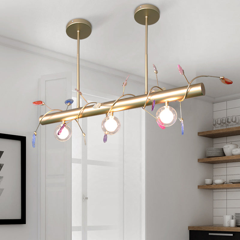 Iron Branch Island Pendant Contemporary 3-Light Ceiling Light Fixture in Pink/Yellow/Orange with Clear Glass Ball Shade Gold E Clearhalo 'Ceiling Lights' 'Close To Ceiling Lights' 'Glass shade' 'Glass' 'Island Lights' Lighting' 151439