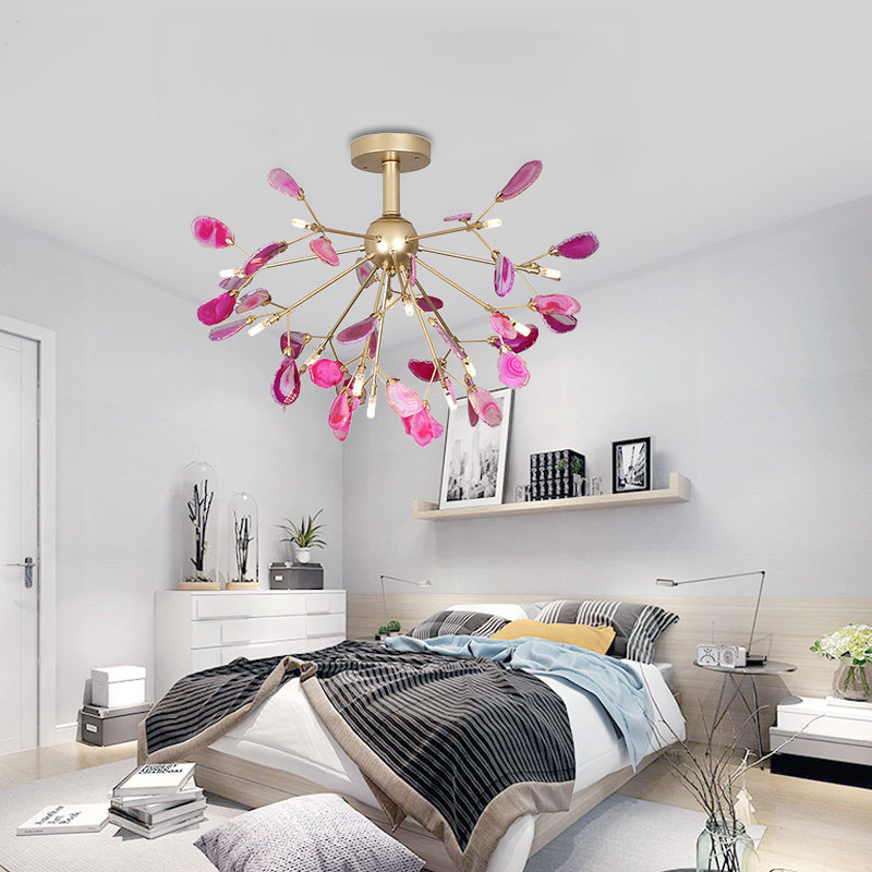 Starburst Semi Flush Mount Ceiling Fixture Nordic Metal and Agate Gold Ceiling Flush Mount for Bedroom Gold A Clearhalo 'Ceiling Lights' 'Chandeliers' 'Close To Ceiling Lights' 'Close to ceiling' 'Glass shade' 'Glass' 'Semi-flushmount' Lighting' 151454