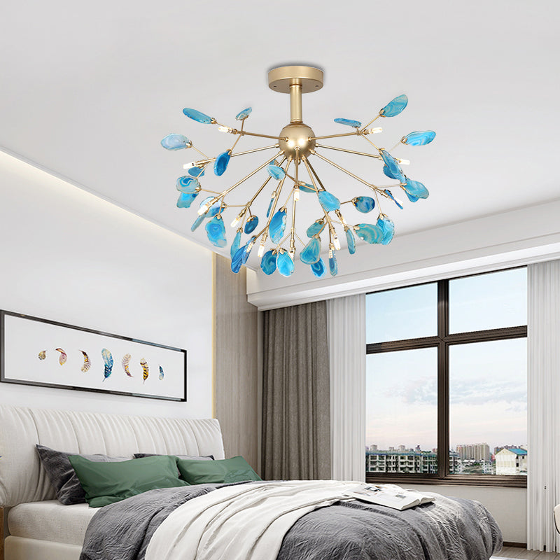 Starburst Semi Flush Mount Ceiling Fixture Nordic Metal and Agate Gold Ceiling Flush Mount for Bedroom Clearhalo 'Ceiling Lights' 'Chandeliers' 'Close To Ceiling Lights' 'Close to ceiling' 'Glass shade' 'Glass' 'Semi-flushmount' Lighting' 151458