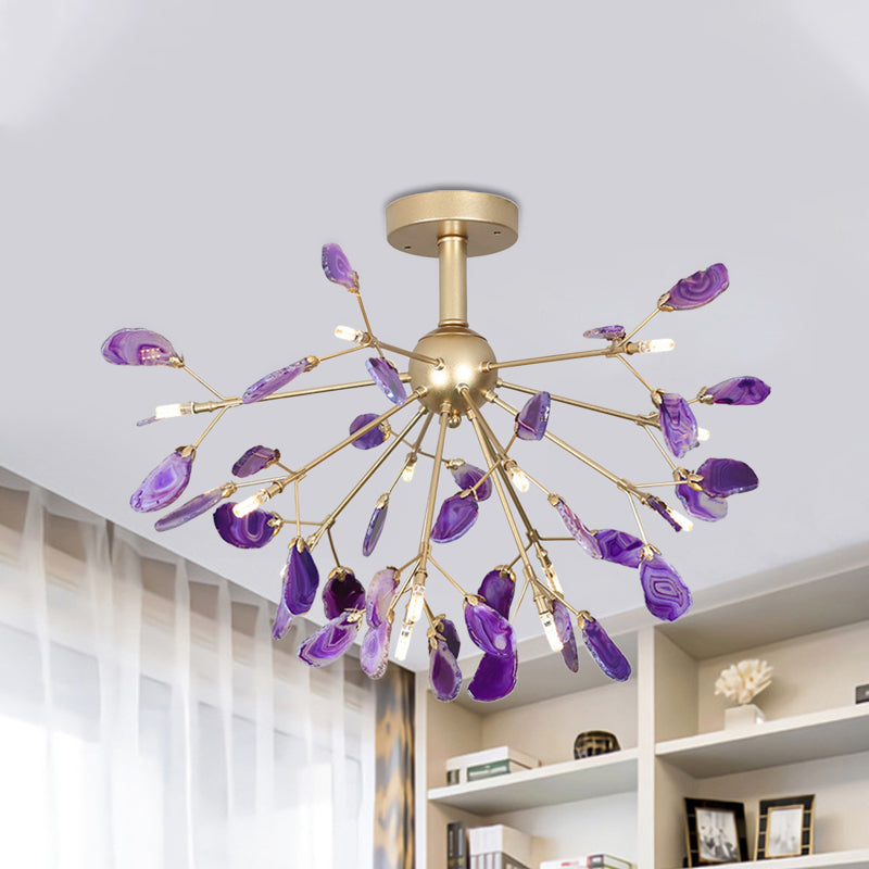 Starburst Semi Flush Mount Ceiling Fixture Nordic Metal and Agate Gold Ceiling Flush Mount for Bedroom Gold C Clearhalo 'Ceiling Lights' 'Chandeliers' 'Close To Ceiling Lights' 'Close to ceiling' 'Glass shade' 'Glass' 'Semi-flushmount' Lighting' 151460