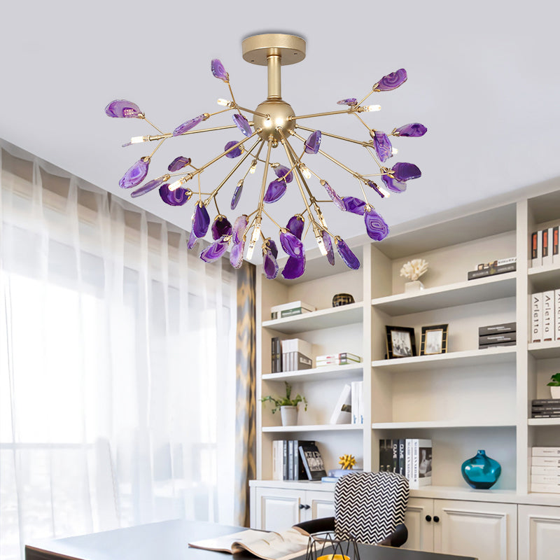 Starburst Semi Flush Mount Ceiling Fixture Nordic Metal and Agate Gold Ceiling Flush Mount for Bedroom Clearhalo 'Ceiling Lights' 'Chandeliers' 'Close To Ceiling Lights' 'Close to ceiling' 'Glass shade' 'Glass' 'Semi-flushmount' Lighting' 151461