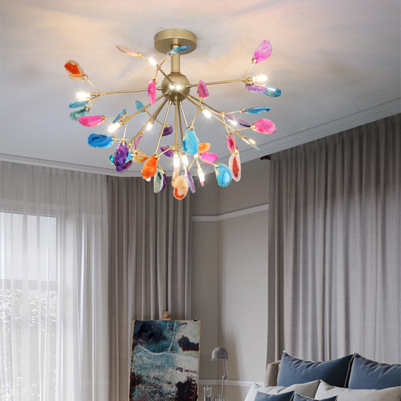 Starburst Semi Flush Mount Ceiling Fixture Nordic Metal and Agate Gold Ceiling Flush Mount for Bedroom Clearhalo 'Ceiling Lights' 'Chandeliers' 'Close To Ceiling Lights' 'Close to ceiling' 'Glass shade' 'Glass' 'Semi-flushmount' Lighting' 151465