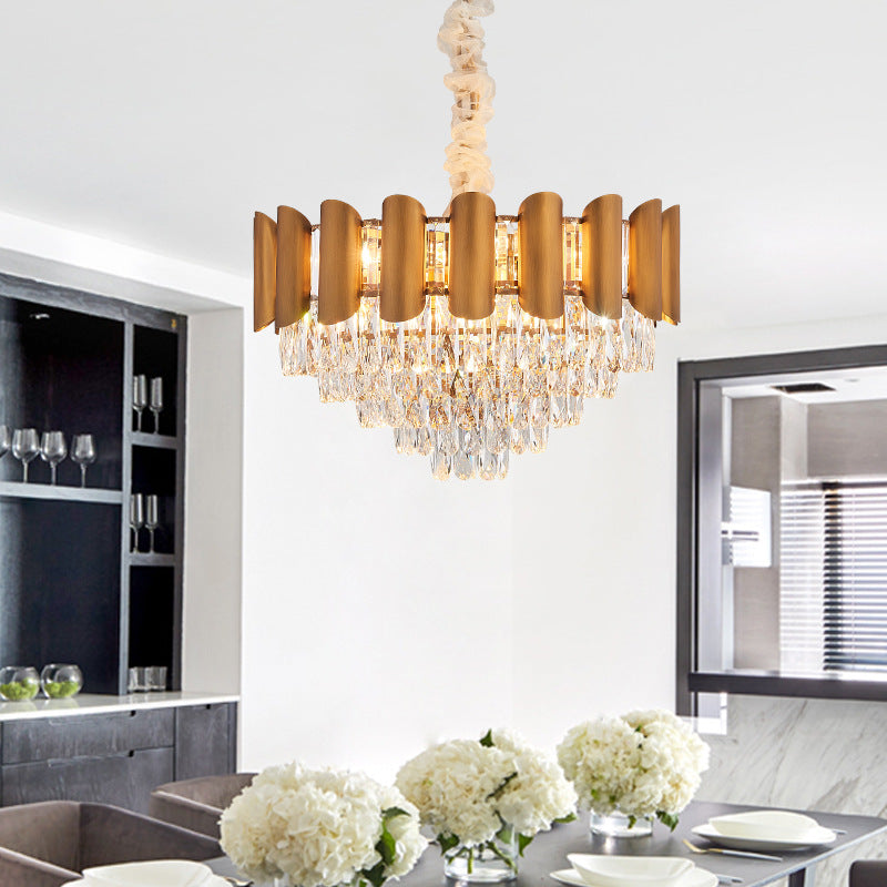 Metal Layered Pendant Lamp Modern Multi Light Hanging Chandelier Light with Faceted Crystal in Brass Brass Clearhalo 'Ceiling Lights' 'Chandeliers' 'Modern Chandeliers' 'Modern' Lighting' 151496