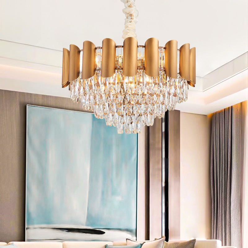 Metal Layered Pendant Lamp Modern Multi Light Hanging Chandelier Light with Faceted Crystal in Brass Clearhalo 'Ceiling Lights' 'Chandeliers' 'Modern Chandeliers' 'Modern' Lighting' 151497