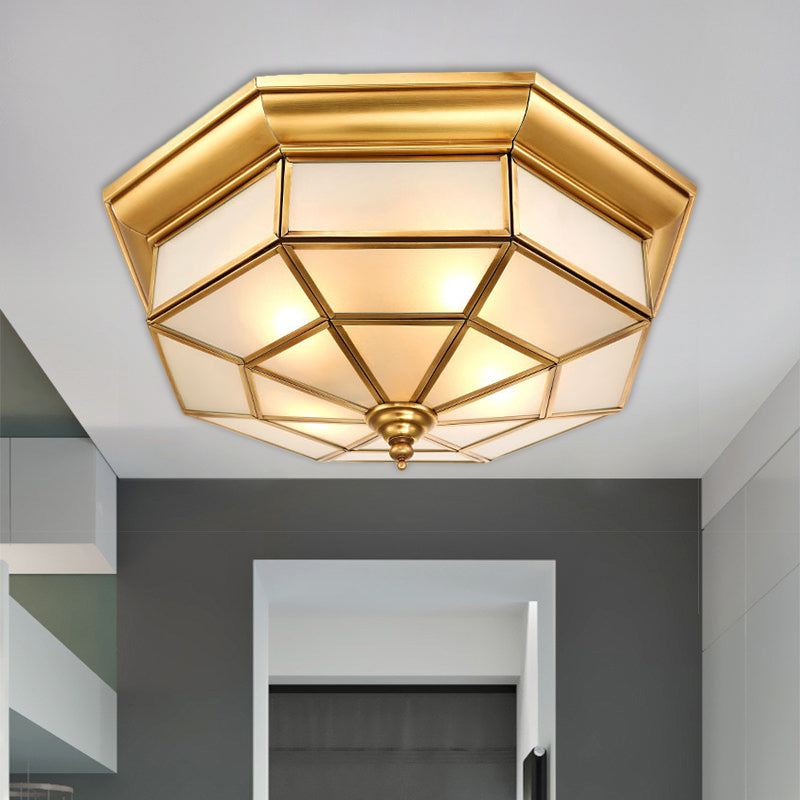 Brass Octagon Ceiling Lighting Antiqued Milky Glass 17"/25.5" W 4/6 Heads Hallway Flush Mount Light Brass Clearhalo 'Ceiling Lights' 'Close To Ceiling Lights' 'Close to ceiling' 'Flush mount' Lighting' 1515498