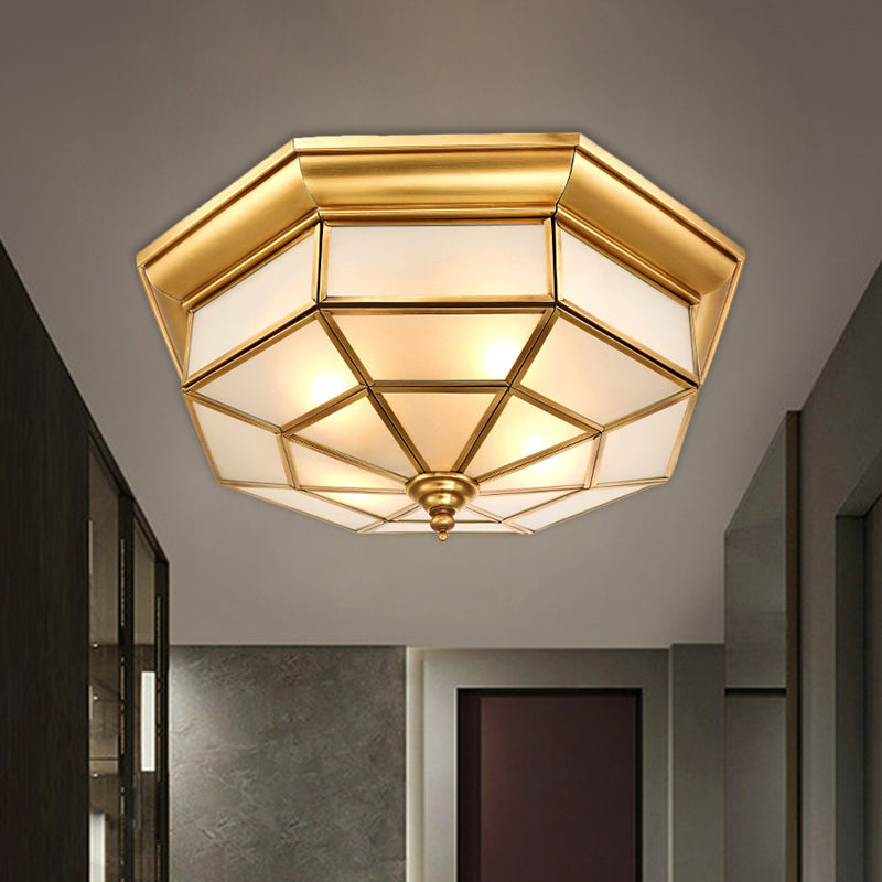 Brass Octagon Ceiling Lighting Antiqued Milky Glass 17"/25.5" W 4/6 Heads Hallway Flush Mount Light Clearhalo 'Ceiling Lights' 'Close To Ceiling Lights' 'Close to ceiling' 'Flush mount' Lighting' 1515499