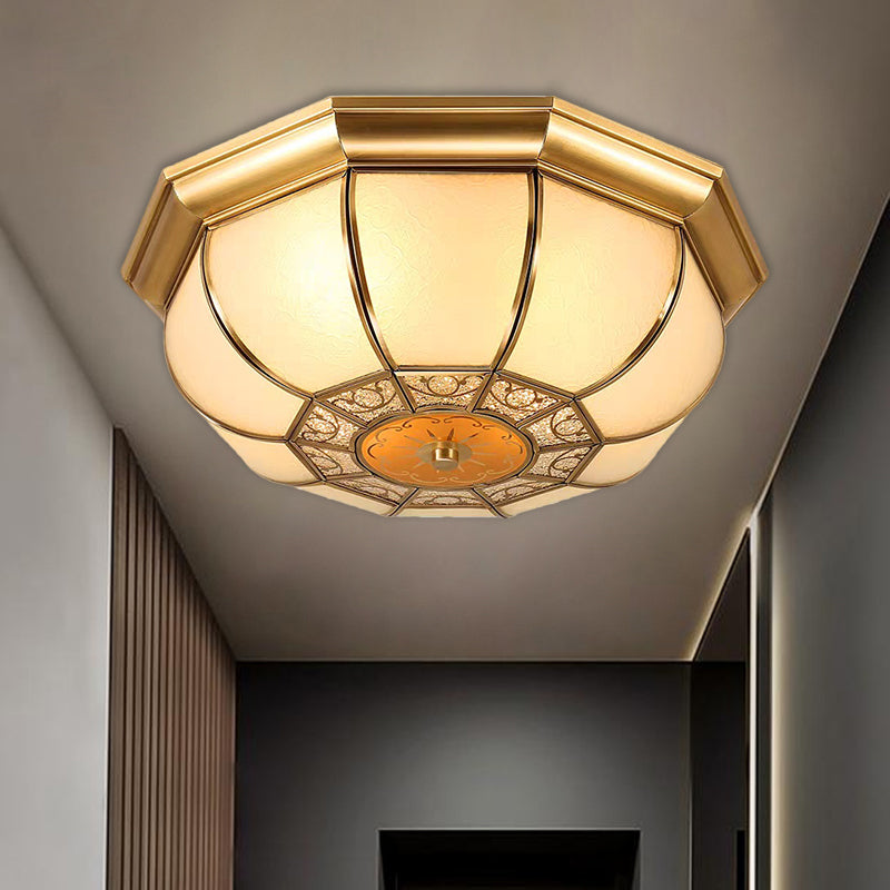 3 Bulbs Flush Mounted Fixture Countryside Patterned Bowl Frosted Glass Ceiling Lighting in Brass Brass Clearhalo 'Ceiling Lights' 'Close To Ceiling Lights' 'Close to ceiling' 'Flush mount' Lighting' 1515508