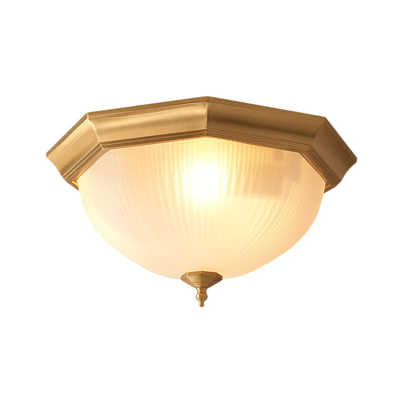 Ridged Dome Bedroom Ceiling Flush Cottage Cream Glass 12.5"/15" Wide 2/3-Head Brass Flush Mount Fixture Clearhalo 'Ceiling Lights' 'Close To Ceiling Lights' 'Close to ceiling' 'Flush mount' Lighting' 1515549