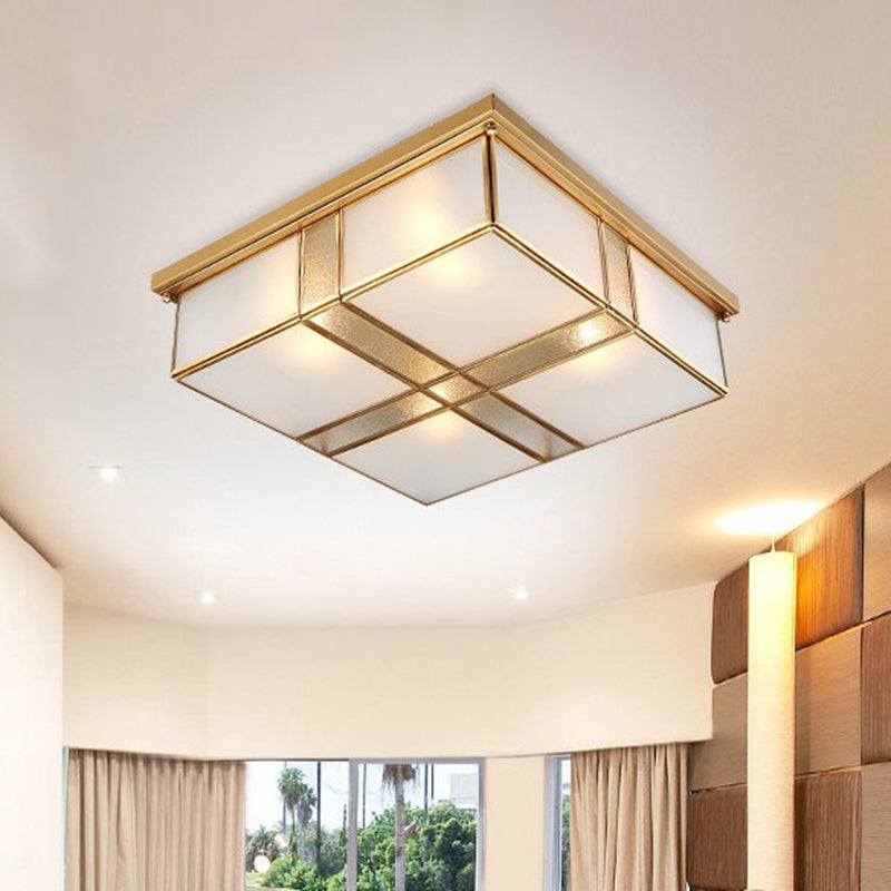 2-Bulb Cubic Flush Mount Lamp Warehouse Brass Opal Glass Ceiling Light Fixture for Bedroom Brass Clearhalo 'Ceiling Lights' 'Close To Ceiling Lights' 'Close to ceiling' 'Flush mount' Lighting' 1515552