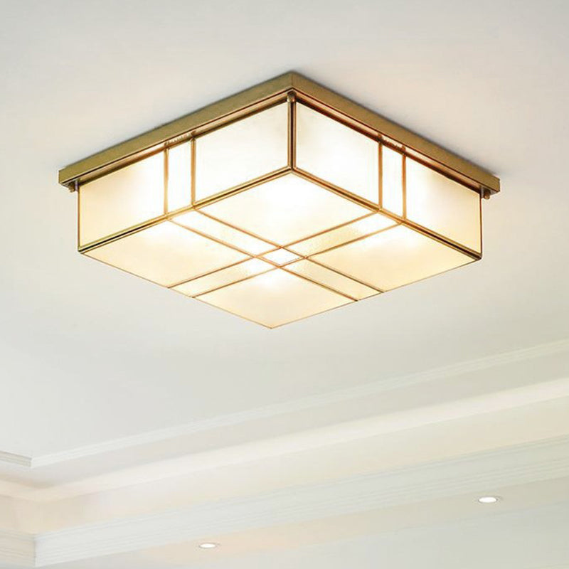 2-Bulb Cubic Flush Mount Lamp Warehouse Brass Opal Glass Ceiling Light Fixture for Bedroom Clearhalo 'Ceiling Lights' 'Close To Ceiling Lights' 'Close to ceiling' 'Flush mount' Lighting' 1515553