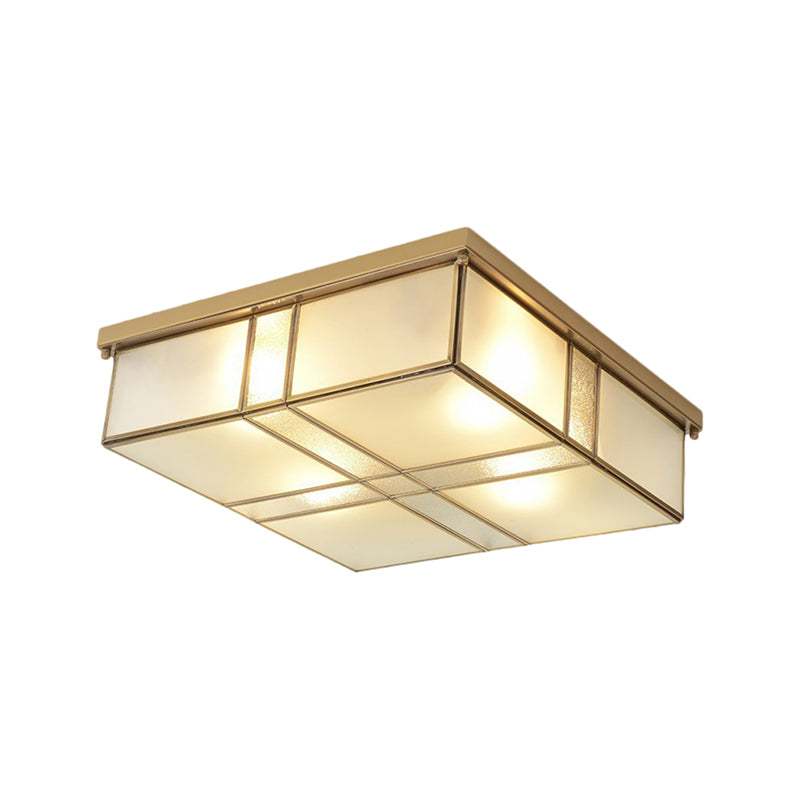 2-Bulb Cubic Flush Mount Lamp Warehouse Brass Opal Glass Ceiling Light Fixture for Bedroom Clearhalo 'Ceiling Lights' 'Close To Ceiling Lights' 'Close to ceiling' 'Flush mount' Lighting' 1515554