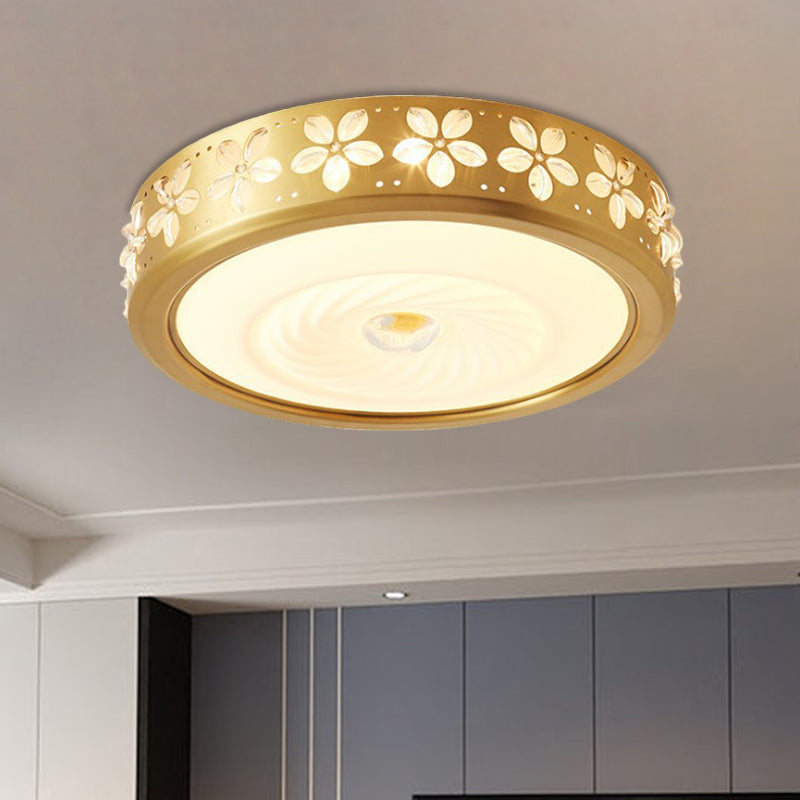 Rustic Style Drum Shape Flush Light Cream Glass LED Ceiling Mounted Fixture with Blossom Trim Decor in Brass Brass Clearhalo 'Ceiling Lights' 'Close To Ceiling Lights' 'Close to ceiling' 'Flush mount' Lighting' 1515606