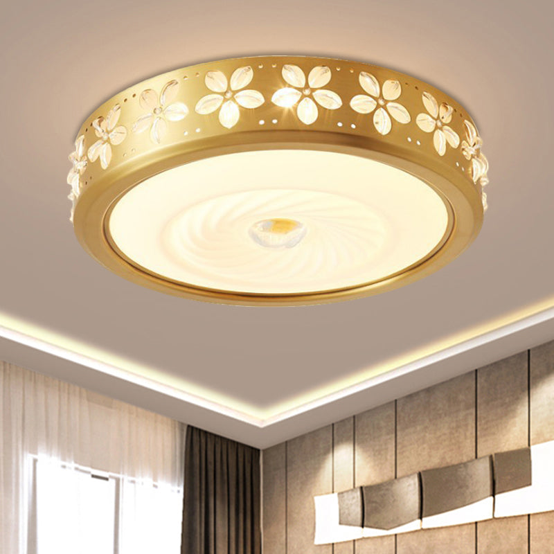 Rustic Style Drum Shape Flush Light Cream Glass LED Ceiling Mounted Fixture with Blossom Trim Decor in Brass Clearhalo 'Ceiling Lights' 'Close To Ceiling Lights' 'Close to ceiling' 'Flush mount' Lighting' 1515607