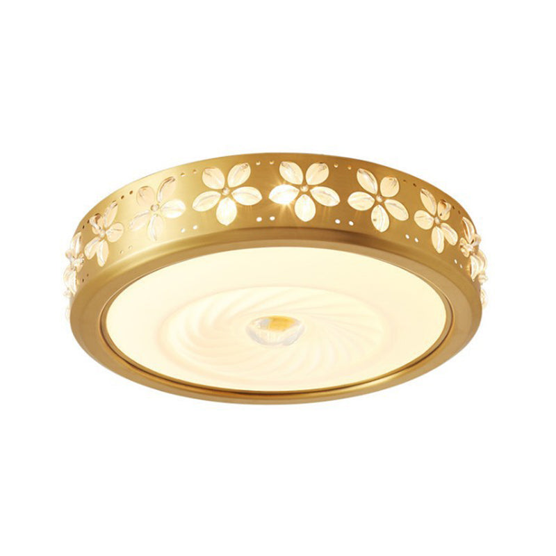 Rustic Style Drum Shape Flush Light Cream Glass LED Ceiling Mounted Fixture with Blossom Trim Decor in Brass Clearhalo 'Ceiling Lights' 'Close To Ceiling Lights' 'Close to ceiling' 'Flush mount' Lighting' 1515608