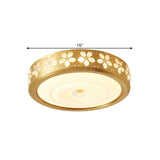 Rustic Style Drum Shape Flush Light Cream Glass LED Ceiling Mounted Fixture with Blossom Trim Decor in Brass Clearhalo 'Ceiling Lights' 'Close To Ceiling Lights' 'Close to ceiling' 'Flush mount' Lighting' 1515609