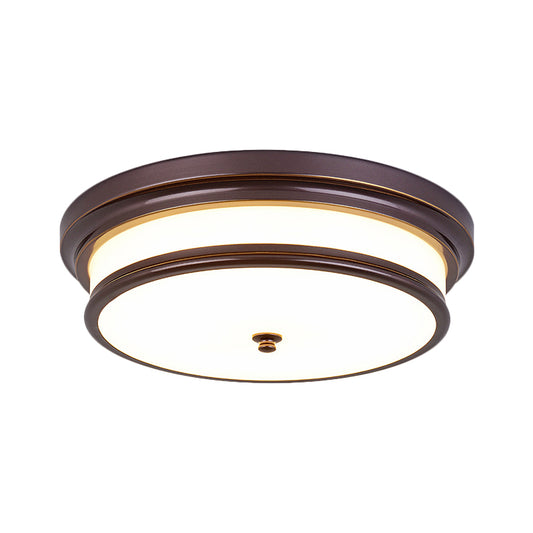 Drum-Like Corridor Ceiling Fixture Vintage Cream Glass Black/Gold LED Flush Mount Lighting, 14"/16" Width Clearhalo 'Ceiling Lights' 'Close To Ceiling Lights' 'Close to ceiling' 'Flush mount' Lighting' 1515612